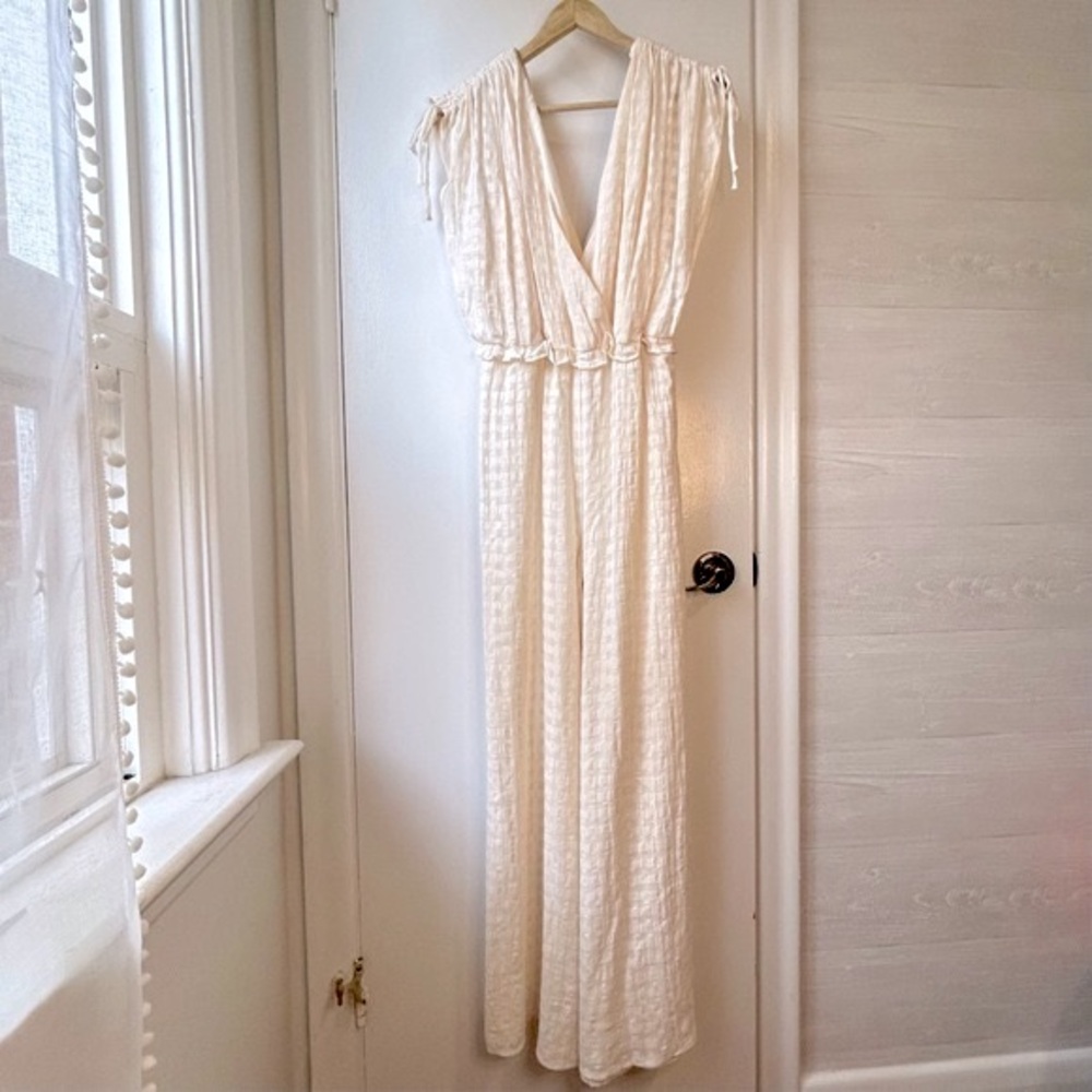 TULAROSA Linen Check Olea Jumpsuit Cream
